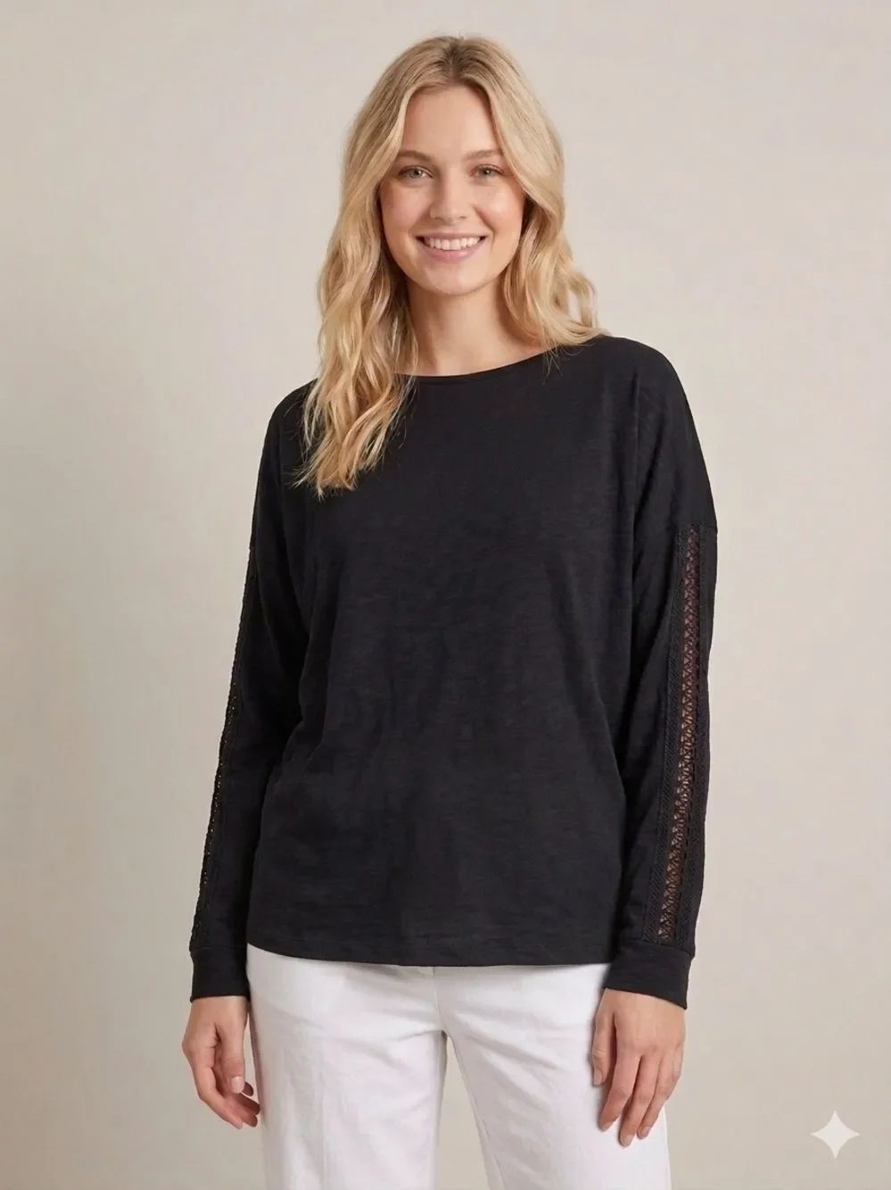 Chico's Black Long-Sleeve Lace-Trim Tee Top Size Large